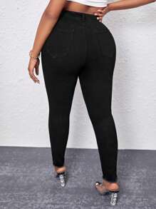 Talla grande Jeans ajustados desgarro bajo crudo - Negro - Ver 2