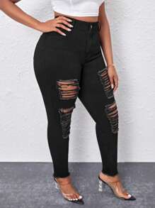 Talla grande Jeans ajustados desgarro bajo crudo - Negro - Ver 3