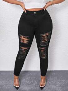 Talla grande Jeans ajustados desgarro bajo crudo - Negro - Ver 4
