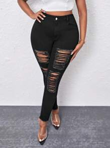 Talla grande Jeans ajustados desgarro bajo crudo - Negro - Ver 5