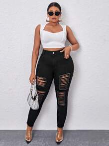 Talla grande Jeans ajustados desgarro bajo crudo - Negro - Ver 6
