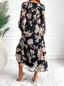 Floral Print Lantern Sleeve Dress - Black - View 2