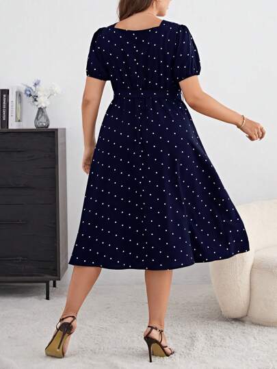 SHEIN Privé 加上波尔卡圆点印花泡泡袖系带优雅蓝色连衣裙，夏季