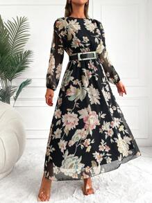 Floral Print Lantern Sleeve Dress - Black - View 3