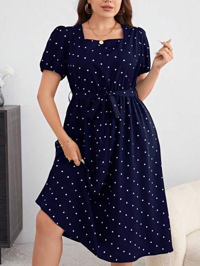 SHEIN Privé Váy xanh thanh lịch có thắt lưng in họa tiết chấm bi tay bồng, mùa hè