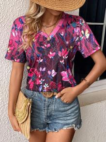 SHEIN LUNE Floral Print V Neck Tee - Hot Pink - View 1