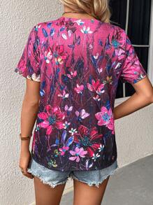 SHEIN LUNE Floral Print V Neck Tee - Hot Pink - View 2
