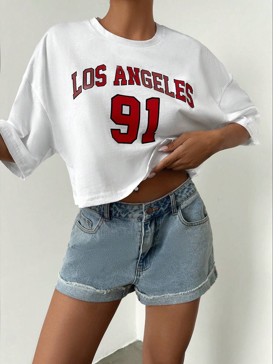 EURMUSE Letter Graphic Drop Shoulder Crop Tee - White - View 1