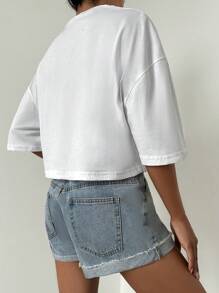 EURMUSE Letter Graphic Drop Shoulder Crop Tee - White - View 2