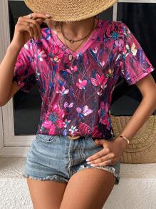 SHEIN LUNE Floral Print V Neck Tee - Hot Pink - View 4