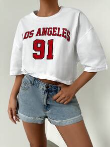 EURMUSE Letter Graphic Drop Shoulder Crop Tee - White - View 3