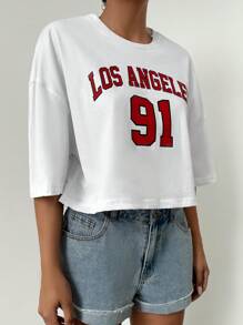 EURMUSE Letter Graphic Drop Shoulder Crop Tee - White - View 4