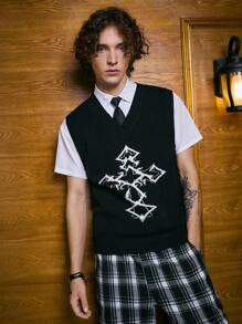 ROMWE MEN Academia 男士十字架圖案毛衣背心無襯衫 - 黑色 - 查看 4