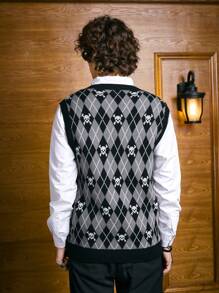 ROMWE MEN Academia Guys Argyle & Skull Pattern Sweater Vest