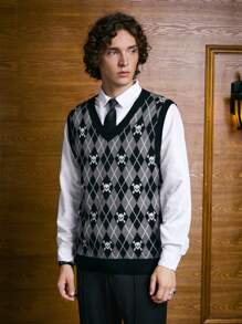 ROMWE MEN Academia Guys Argyle & Skull Pattern Sweater Vest