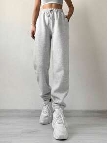 EURMUSE Solid Drawstring Waist Joggers - Light Grey - View 1
