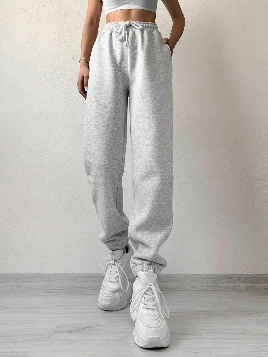 EURMUSE Solid Drawstring Waist Joggers - Light Grey - View 1