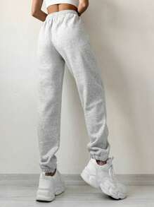 EURMUSE Solid Drawstring Waist Joggers - Light Grey - View 2