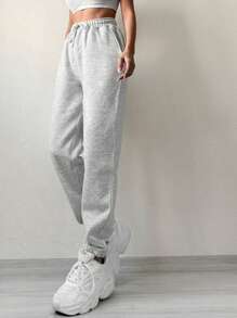 EURMUSE Solid Drawstring Waist Joggers - Light Grey - View 3