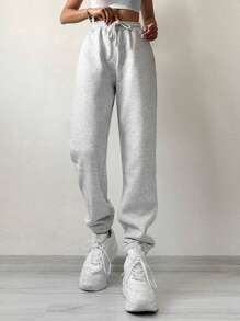 EURMUSE Solid Drawstring Waist Joggers - Light Grey - View 4