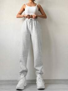 EURMUSE Solid Drawstring Waist Joggers - Light Grey - View 5