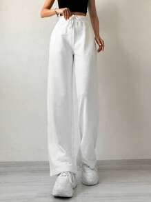 RueChic Solid Drawstring Waist Joggers - White - View 1