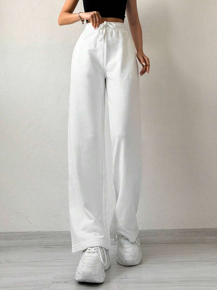 RueChic Solid Drawstring Waist Joggers - White - View 1