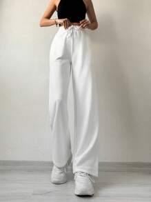RueChic Solid Drawstring Waist Joggers - White - View 3
