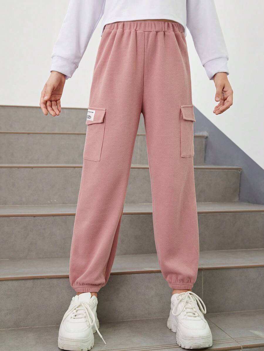 SHEIN Tween Girl Letter Patched Flap Pocket Side Joggers - Dusty Pink - View 1