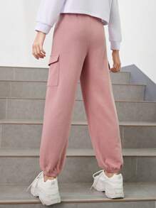 SHEIN Tween Girl Letter Patched Flap Pocket Side Joggers - Dusty Pink - View 2