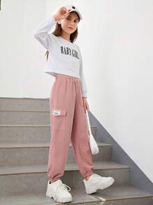 SHEIN Tween Girl Letter Patched Flap Pocket Side Joggers - Dusty Pink - View 3