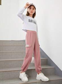 SHEIN Tween Girl Letter Patched Flap Pocket Side Joggers - Dusty Pink - View 4
