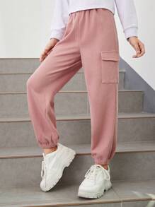 SHEIN Tween Girl Letter Patched Flap Pocket Side Joggers - Dusty Pink - View 5