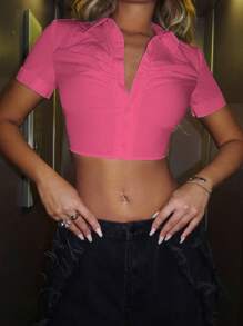 SHEIN ICON Ruched Button Front Crop Shirt - Pink - View 4