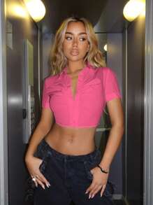 SHEIN ICON Ruched Button Front Crop Shirt - Pink - View 5