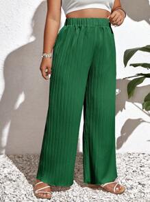 SHEIN Frenchy 大碼素色闊腿褲 - 綠色 - 查看 5