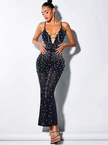 SHEIN BAE Ngọc trai đính cườm Lace lên phía trước Lưới Bộ áo liền quần Cami - màu đen - Xem 1