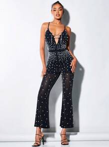 SHEIN BAE Ngọc trai đính cườm Lace lên phía trước Lưới Bộ áo liền quần Cami - màu đen - Xem 6