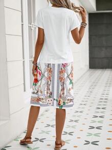 SHEIN LUNE 印花蝙蝠袖T恤和裙子不附腰帶 - 白色 - 查看 2