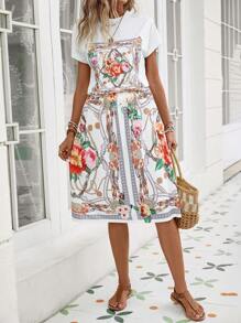 SHEIN LUNE 印花蝙蝠袖T恤和裙子不附腰帶 - 白色 - 查看 3