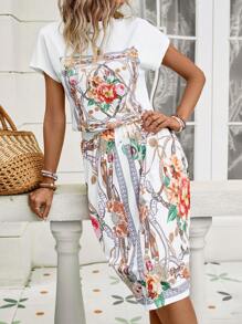 SHEIN LUNE 印花蝙蝠袖T恤和裙子不附腰帶 - 白色 - 查看 4