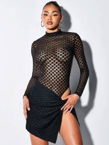 SHEIN BAE 小高領網紗連身背心&高衩半身裙 - 黑色 - 查看 3