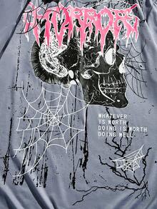 ROMWE MEN Goth Nam Hình ảnh Skull & chữ cái Áo thun - Xám - Xem 3