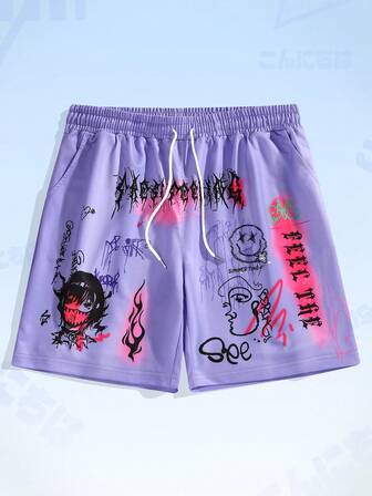 Anime Hombres Shorts con estampado de dibujos animados y letra de cintura con cordón