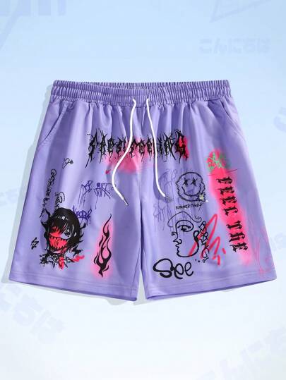 Anime Männer Shorts mit Cartoon & Buchstabe Grafik, Tunnelzug,