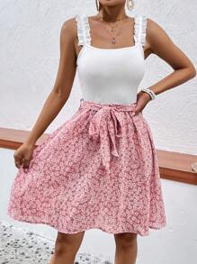 SHEIN VCAY Ditsy Floral Print Belted Cami Dress - Multicolor - View 1