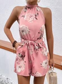 SHEIN VCAY Floral Print Belted Halter Romper - Pink - View 1