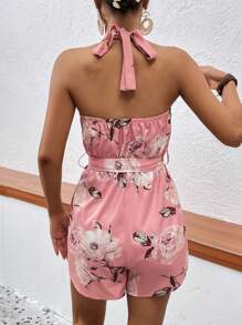 SHEIN VCAY Floral Print Belted Halter Romper - Pink - View 2