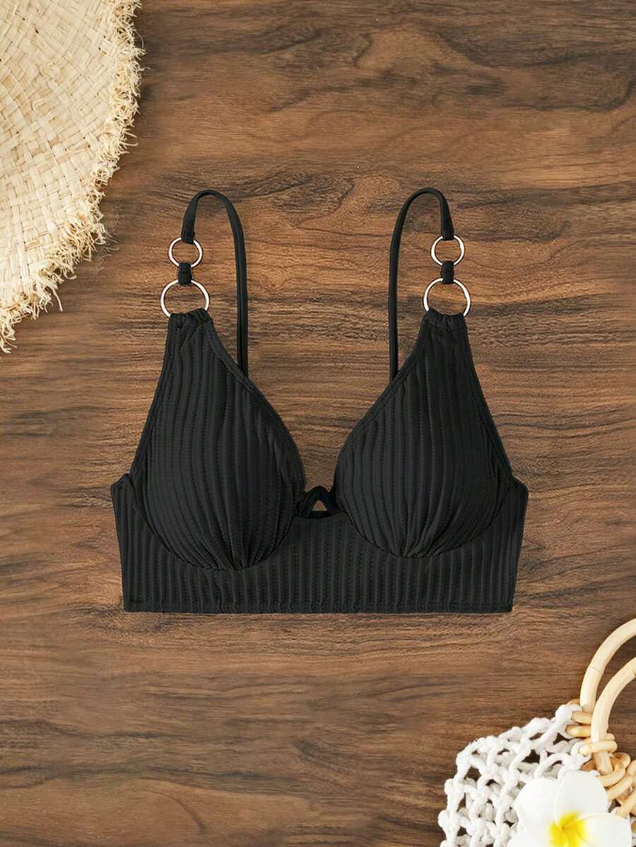 SHEIN Swim 2026 春夏款黑色可调节肩带聚拢度假短款上衣 - 黑色 - 查看 1