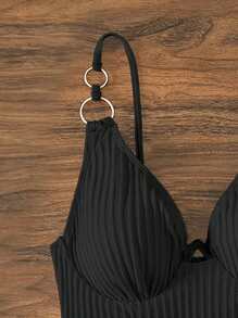 SHEIN Swim 2026 春夏款黑色可调节肩带聚拢度假短款上衣 - 黑色 - 查看 3